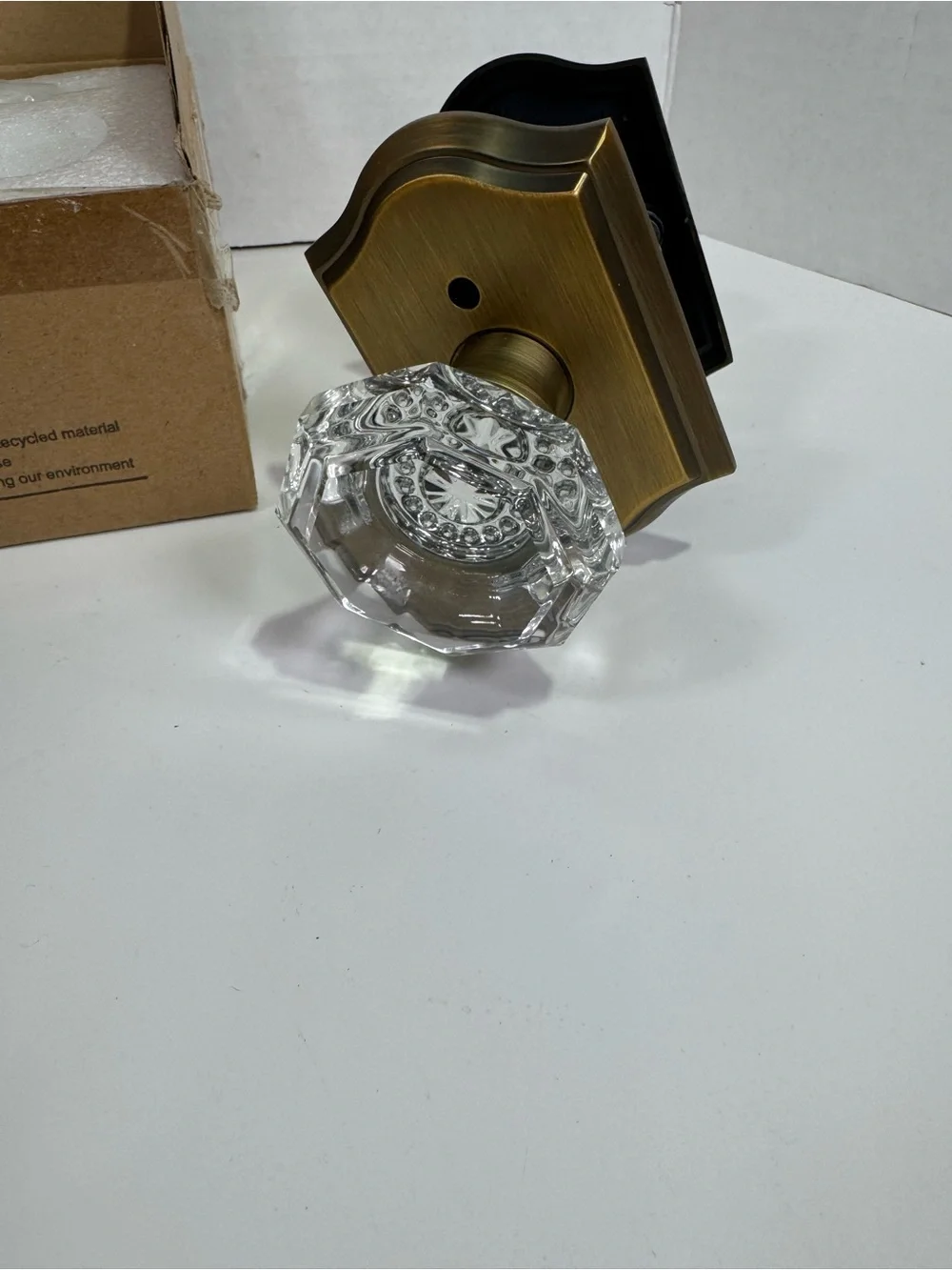 Glass Crystal Door Knob Pair with Antique Brass Backplates - Unbranded
